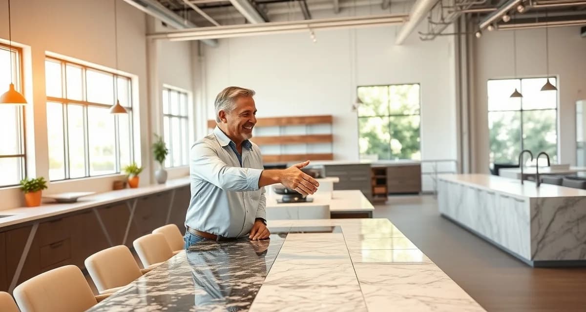 Countertop fabricator and customer negotiating prices while reviewing stone samples at showroom display table