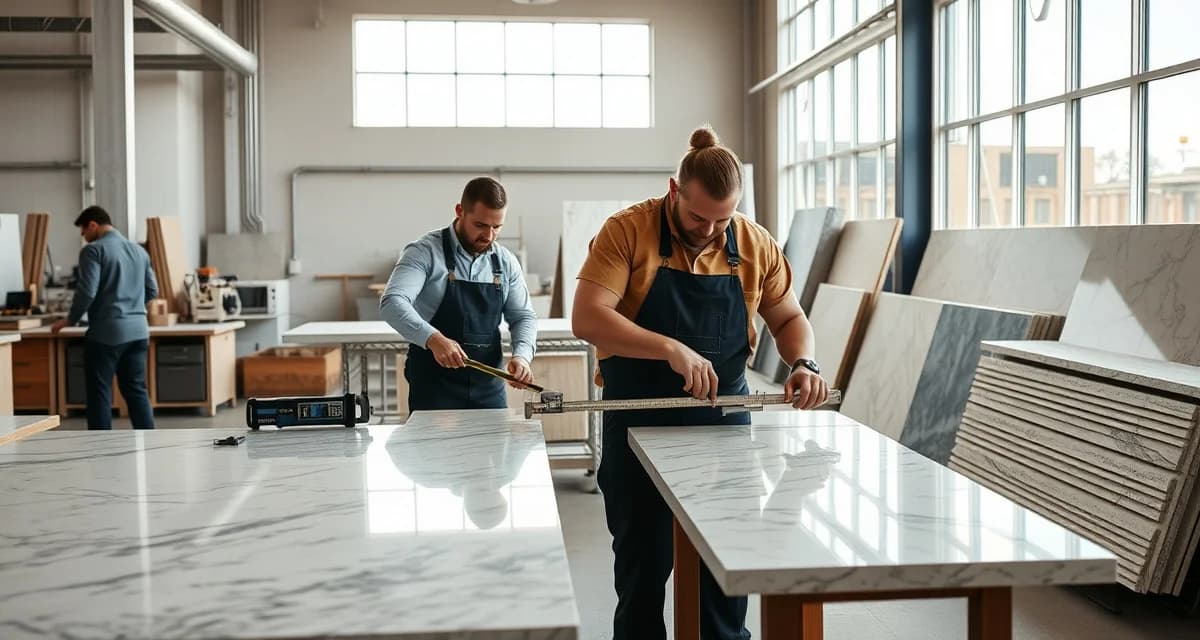 Modern countertop fabrication shop in North Carolina with technicians working on stone slabs using precision tools and software management systems.