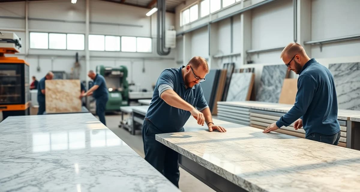 Countertop fabrication shop in North Dakota with workers cutting and finishing granite and quartz stone slabs using modern equipment.