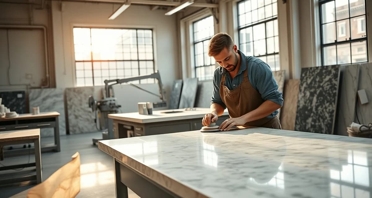 Professional countertop fabricators in New York working with premium stone slabs in a modern fabrication shop with precision equipment.