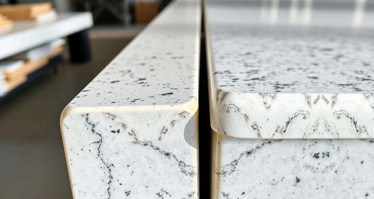Side-by-side comparison of ogee edge profile with S-curve detail and bullnose rounded edge on stone countertop samples