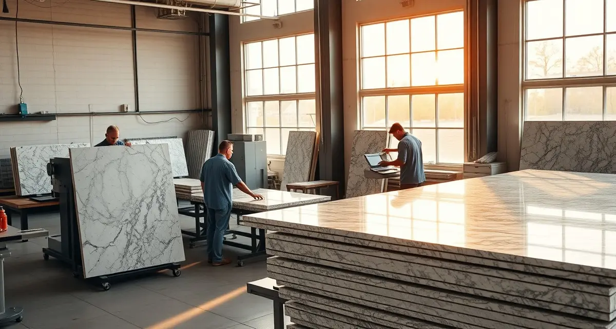 Modern countertop fabrication shop in Oklahoma City with workers using precision machinery to cut and finish stone slabs for residential projects.