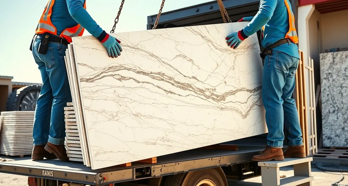 Professional installer hauling away old granite countertops during kitchen renovation removal process