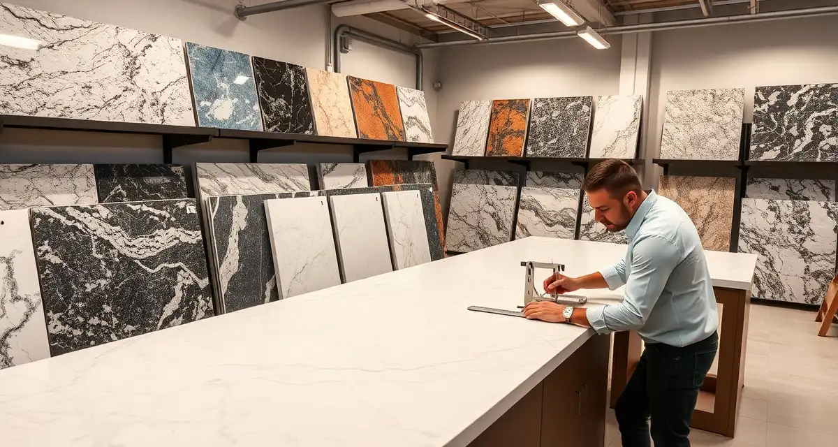 Modern countertop fabrication shop with organized stone slabs and precision measurement tools for Orlando stone fabricators