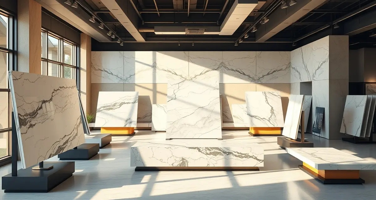 Countertop fabrication showroom display Premium stone countertop samples displayed in a professional Orlando fabricator showroom featuring granite and quartz options