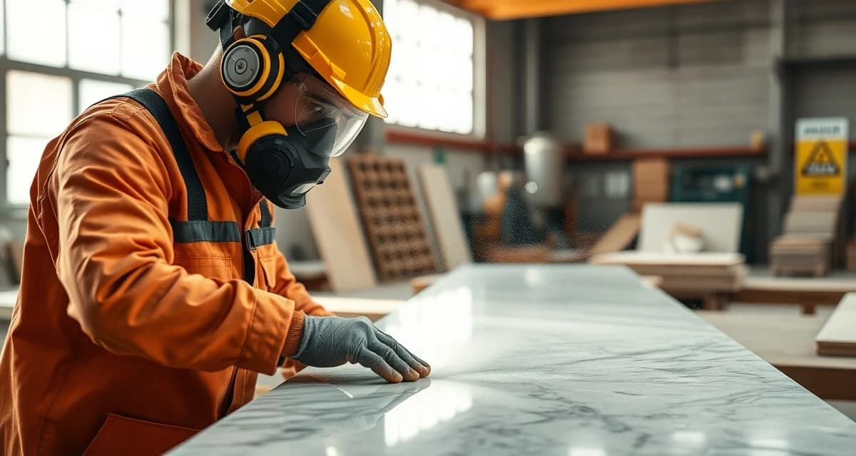 Stone fabrication worker wearing OSHA-compliant safety equipment while cutting granite slab with dust control system
