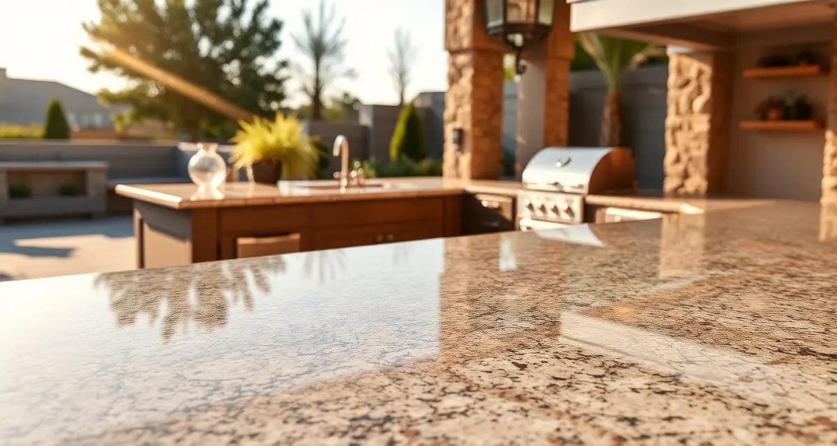 Sealed granite countertop on outdoor patio showing natural stone durability and UV-resistant finish in sunlight