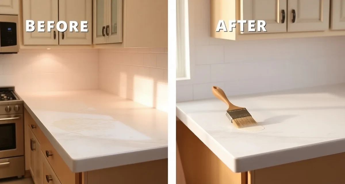 Close-up of specialty countertop paint being applied to laminate countertop surface with professional brush technique