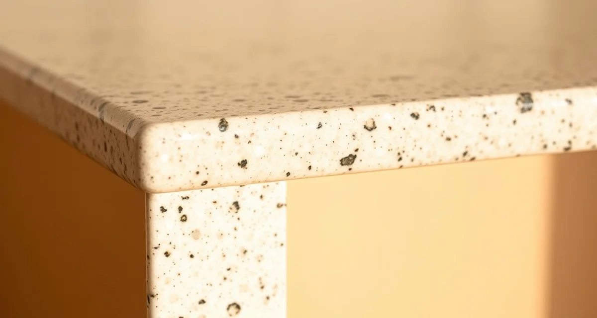Close-up view of a pencil edge profile on a polished stone countertop showing the rounded top edge with small radius and flat vertical face