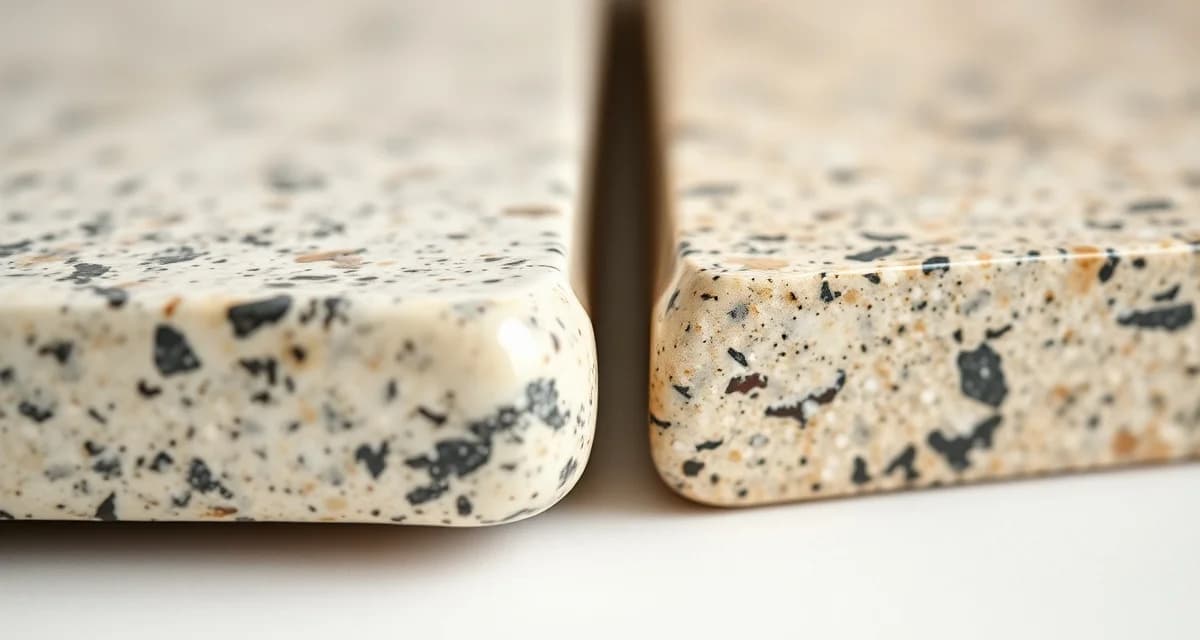 Side-by-side comparison of pencil edge and eased edge countertop profiles on polished stone samples