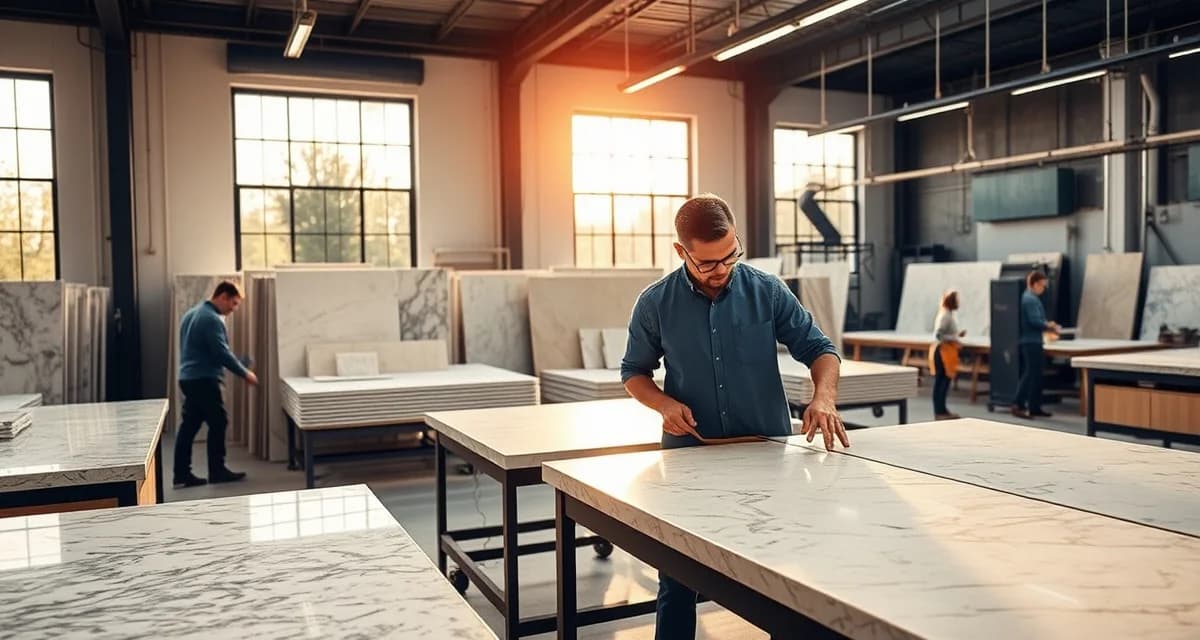 Modern countertop software streamlining Philadelphia stone shop operations Countertop fabrication shop in Philadelphia with workers managing stone slabs and using digital job management software for quoting and scheduling.