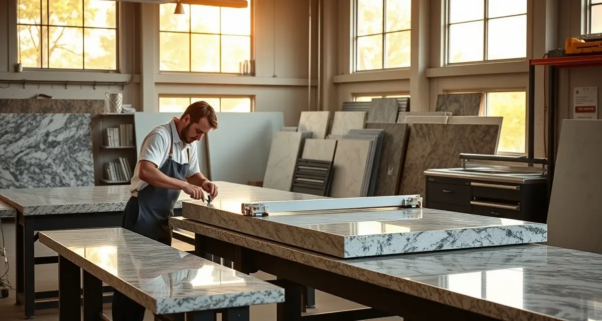 How to Choose Quality Countertop Fabricators in Phoenix Professional countertop fabricators in Phoenix, AZ workshop measuring and cutting premium stone slabs for kitchen and bathroom installations.