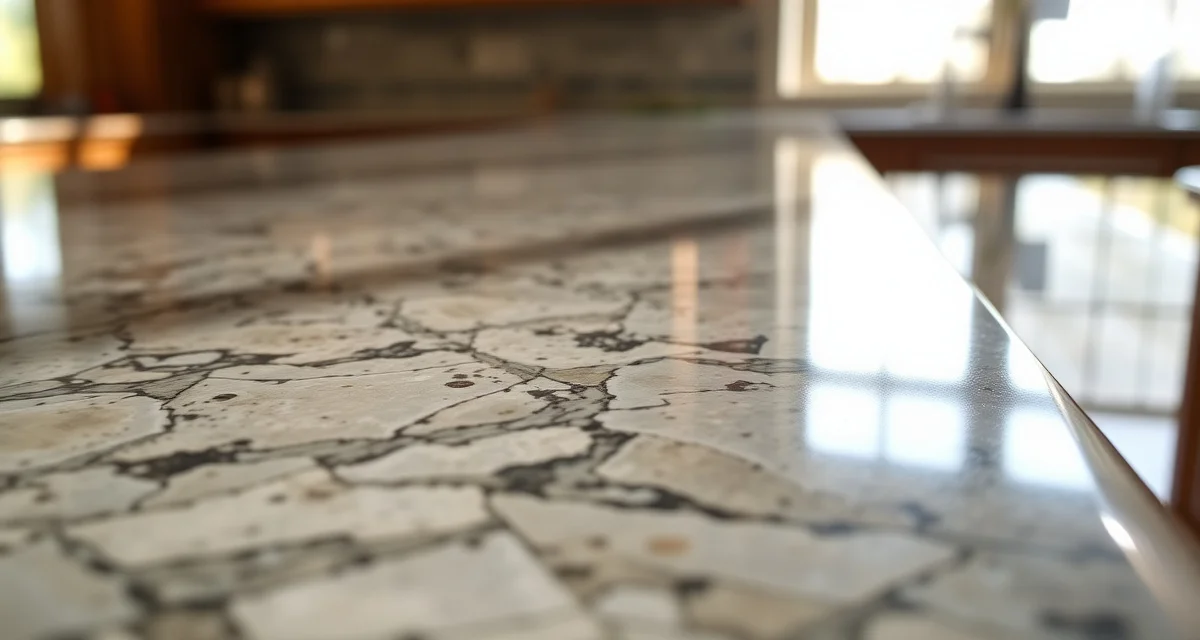Mirror-like polished finish on granite countertop surface showing high-gloss reflection and smooth stone texture