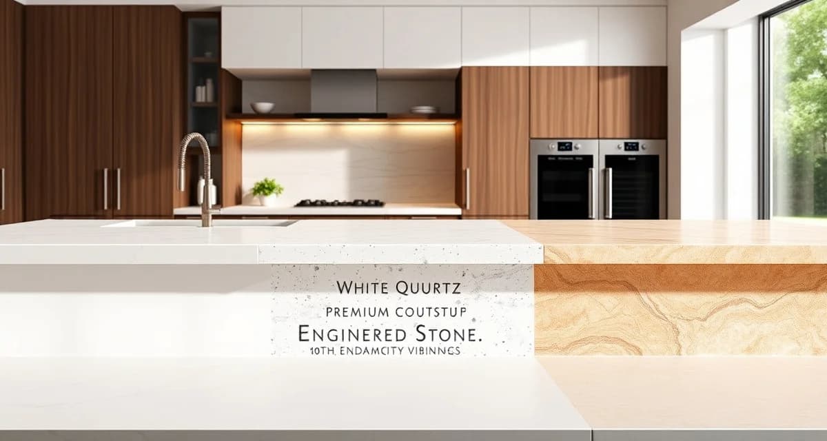 Collection of popular countertop materials in 2026 including white quartz, granite, and warm neutral stone with dramatic veining patterns.