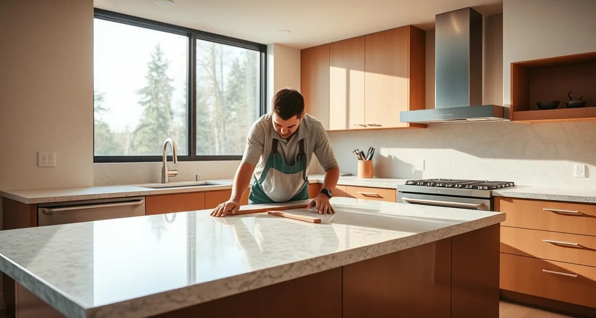Professional countertop fabrication and installation in Portland kitchen showing modern stone countertops with precise measurement and fitting