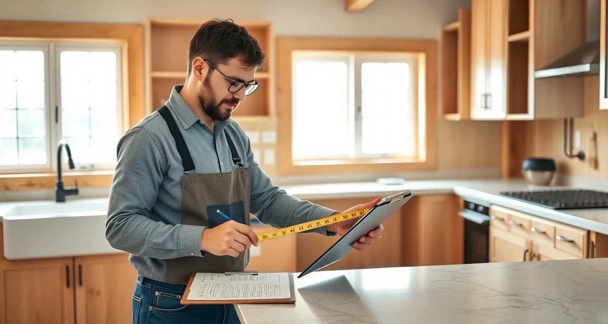 Countertop fabricator performing pre-template inspection with measuring tape and checklist at job site with installed cabinets