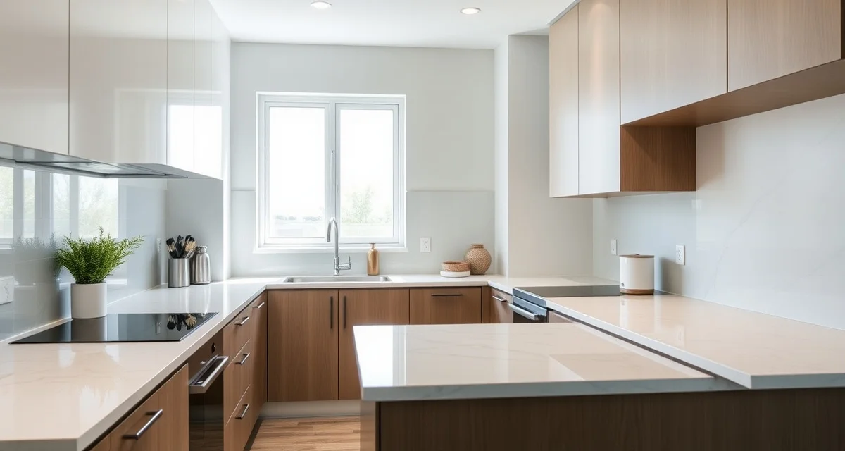 Durable countertop materials displayed in rental property kitchen, comparing quartz and laminate options for property managers