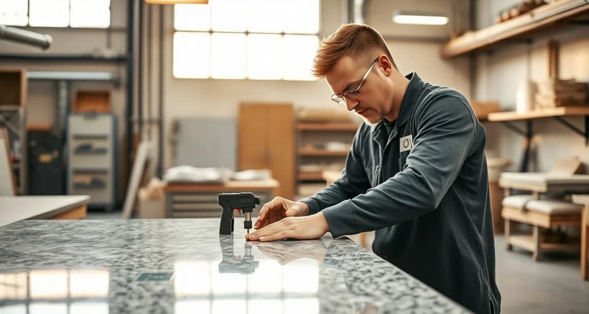 Stone fabricator performing quality control inspection on polished granite countertop slab in professional workshop setting