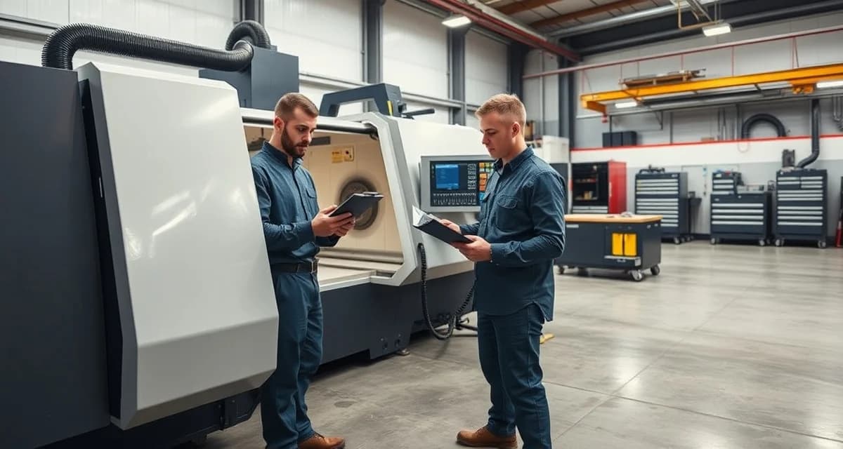 Fabrication shop technician performing quarterly maintenance inspection on CNC countertop cutting equipment with maintenance checklist