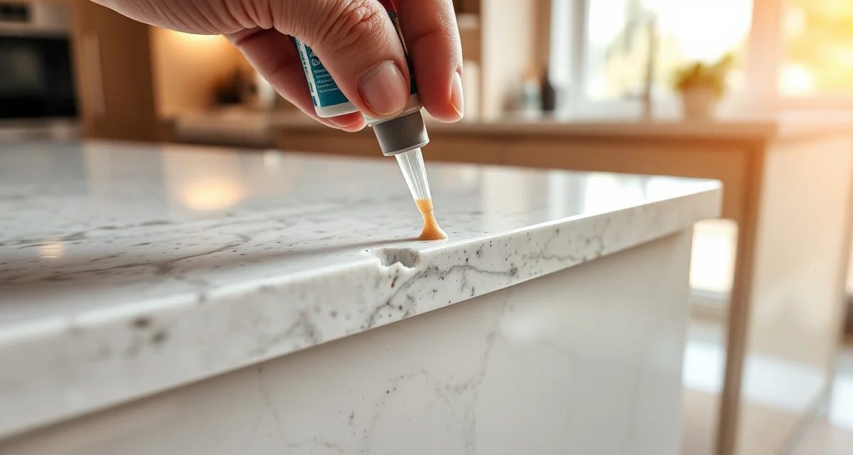 Close-up of quartz countertop chip repair with color-matched epoxy being applied to damaged edge