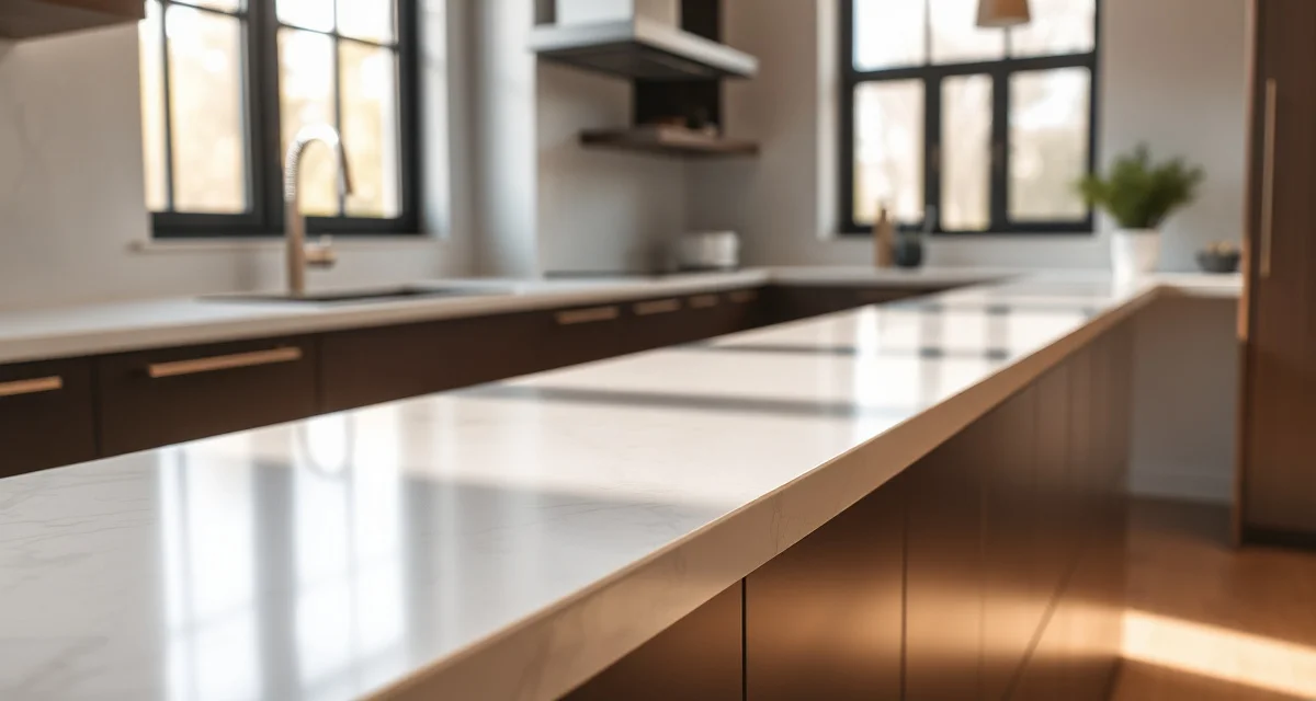 Modern kitchen featuring installed quartz countertop with polished finish and beveled edge profile under natural lighting
