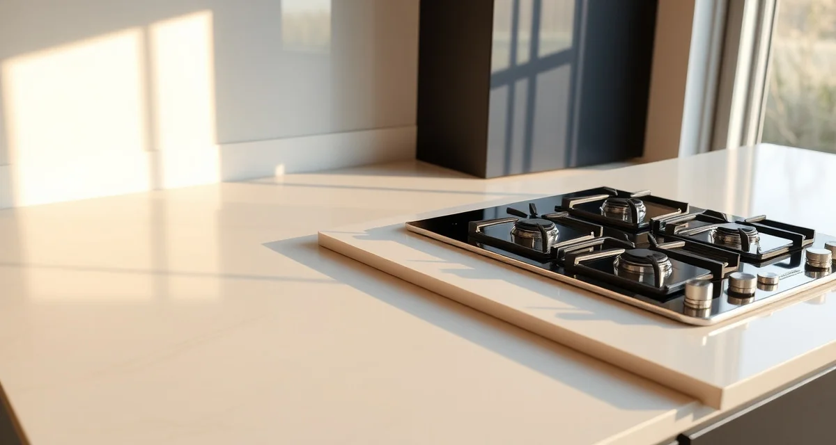 Quartz countertop installed next to modern gas stove showing safe heat-resistant kitchen countertop placement and material durability
