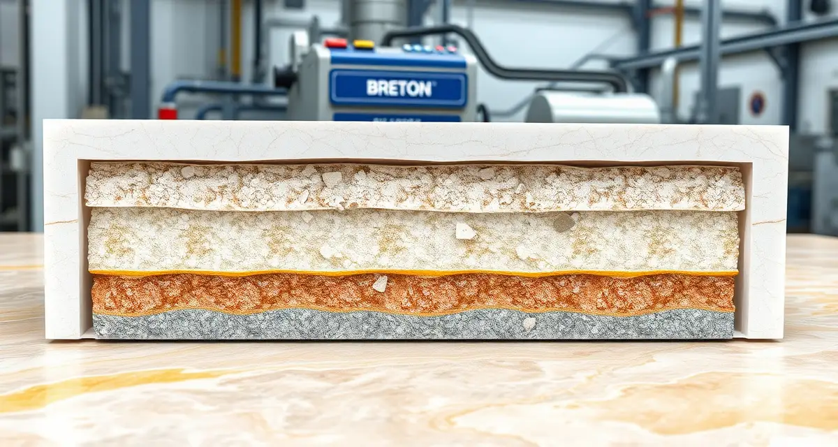 Quartz countertop manufacturing process showing natural quartz crystals combined with polymer resin using the Breton vacuum compaction method.