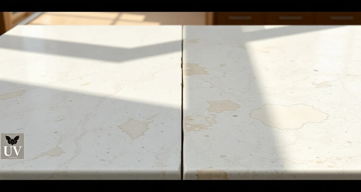 Quartz countertop showing UV damage and yellowing from outdoor sun exposure compared to protected indoor surface.
