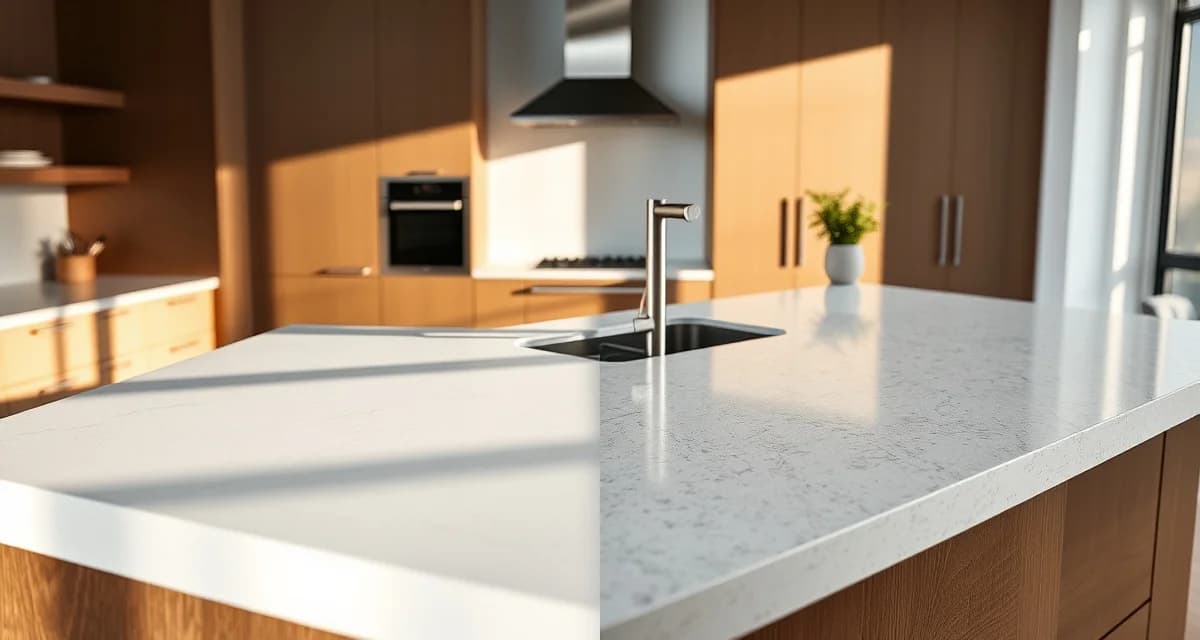 Quartz and dekton countertop materials comparison Side-by-side comparison of quartz and dekton countertops showing material differences and surface finishes for kitchen fabrication selection.