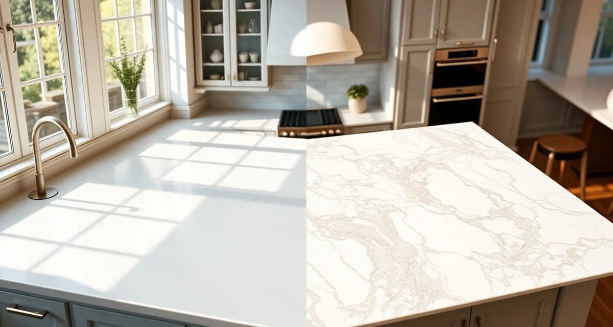 Side-by-side comparison of quartz and marble countertops showing texture, veining, and surface finish differences for kitchen design decisions