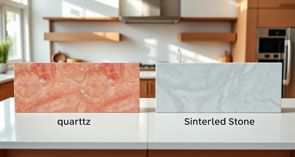 Quartz vs Sintered Stone Countertop Comparison Side-by-side comparison of quartz countertop and sintered stone countertop samples showing color and texture differences