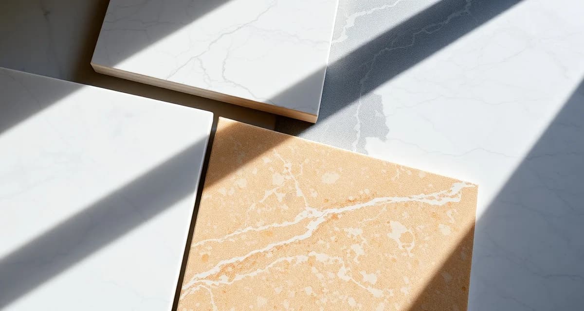 Collection of polished quartzite countertop samples showing white, gray, blue, and exotic color varieties with natural veining patterns