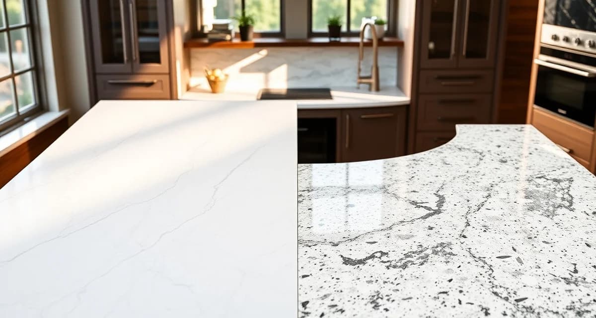 Polished quartzite and granite countertop samples side-by-side showing price difference and quality comparison for stone selection.