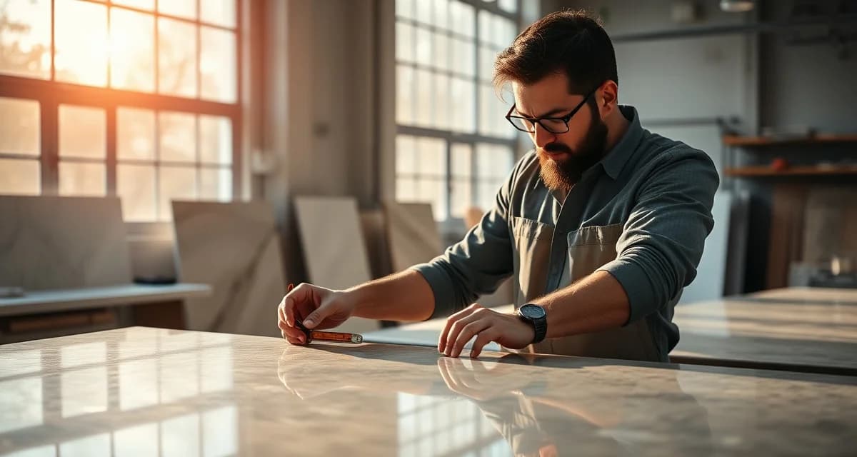 Expert stone countertop fabricator inspecting polished slab quality and measuring dimensions in professional workshop setting.