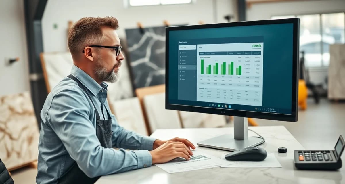 Countertop fabricator using QuickBooks integration software on computer to track job costing and inventory management