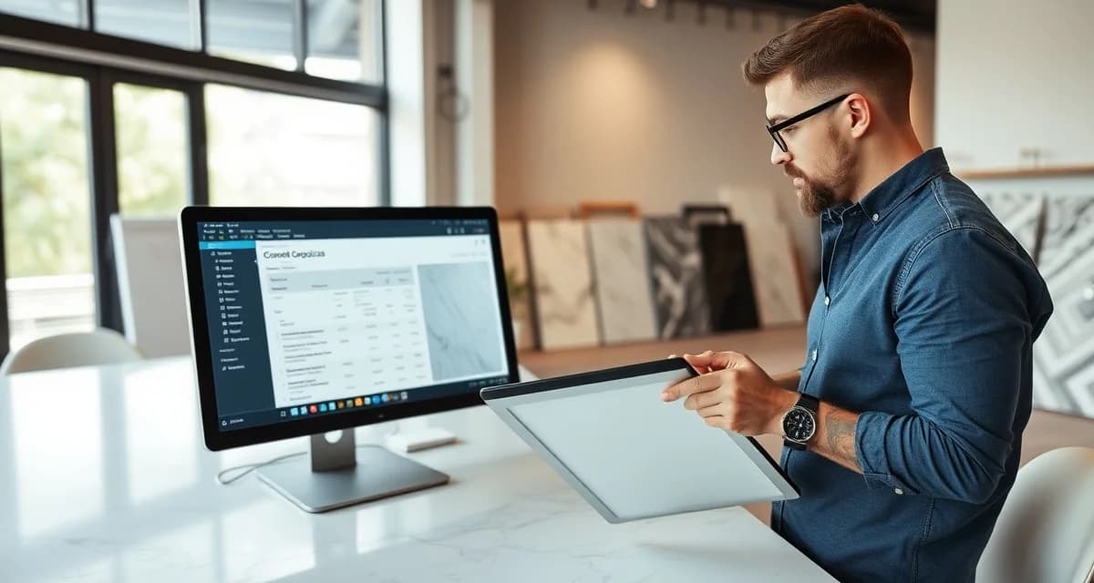 Countertop shop manager comparing quoting software alternatives on multiple devices for fabrication estimates