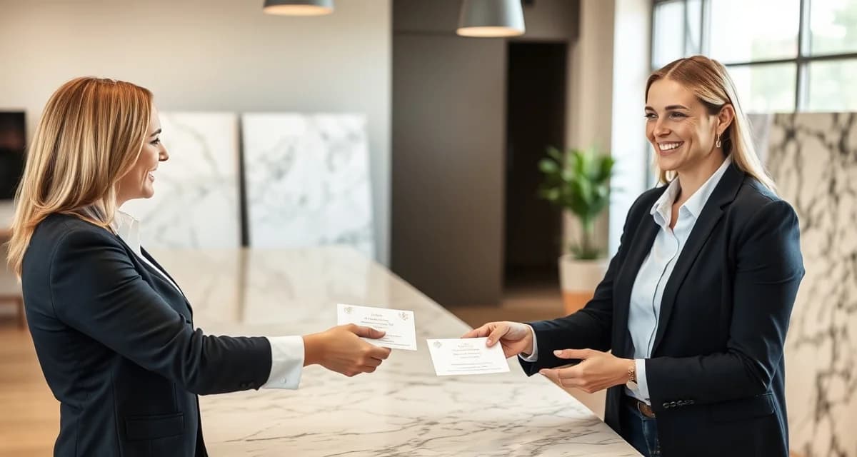 Countertop shop owner presenting referral cards to customer after stone installation completion