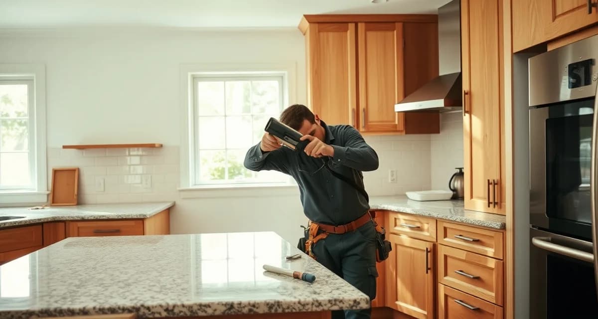 Professional worker removing old granite countertop from kitchen cabinets using proper tools and safety precautions during renovation