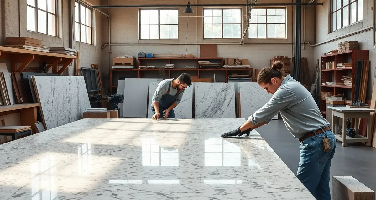 SlabWise countertop software for Sacramento fabrication shops Professional countertop fabrication shop in Sacramento with workers managing stone slabs using specialized management software