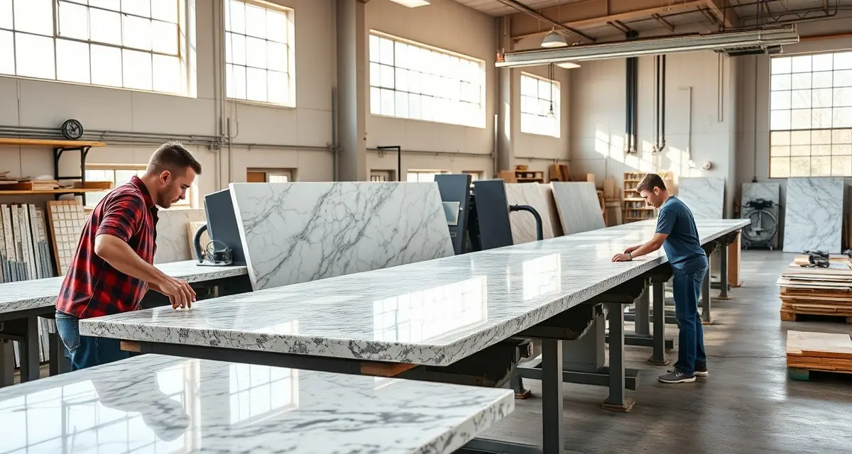 Professional countertop fabricators working with granite and quartz stone slabs in a Sacramento fabrication shop with industrial cutting and polishing equipment.