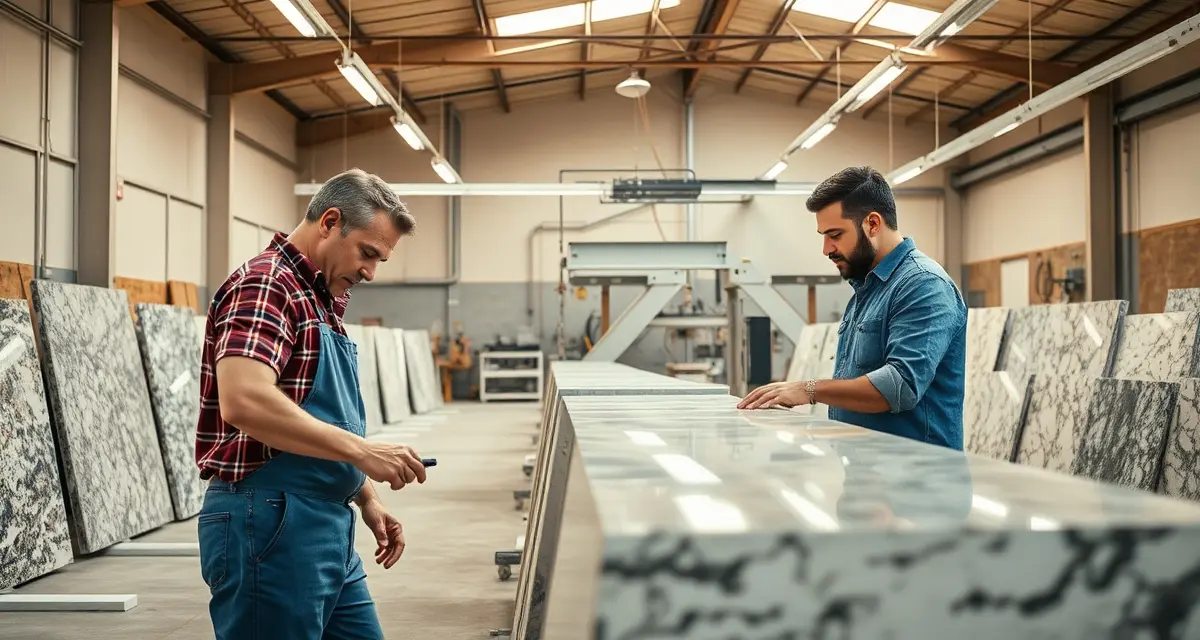 Professional countertop fabricators in San Diego examining premium stone slabs in a modern fabrication workshop with quality equipment.
