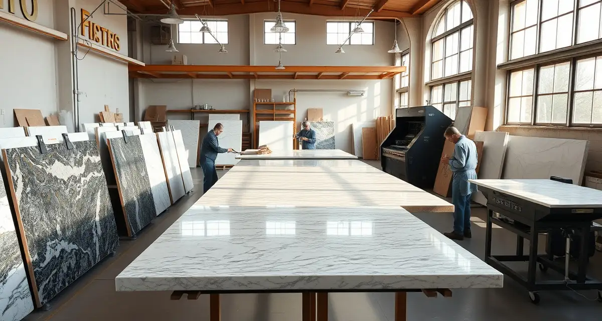 Modern countertop fabrication shop in San Francisco with granite and quartz slabs, showcasing professional stone fabrication workflow and equipment.