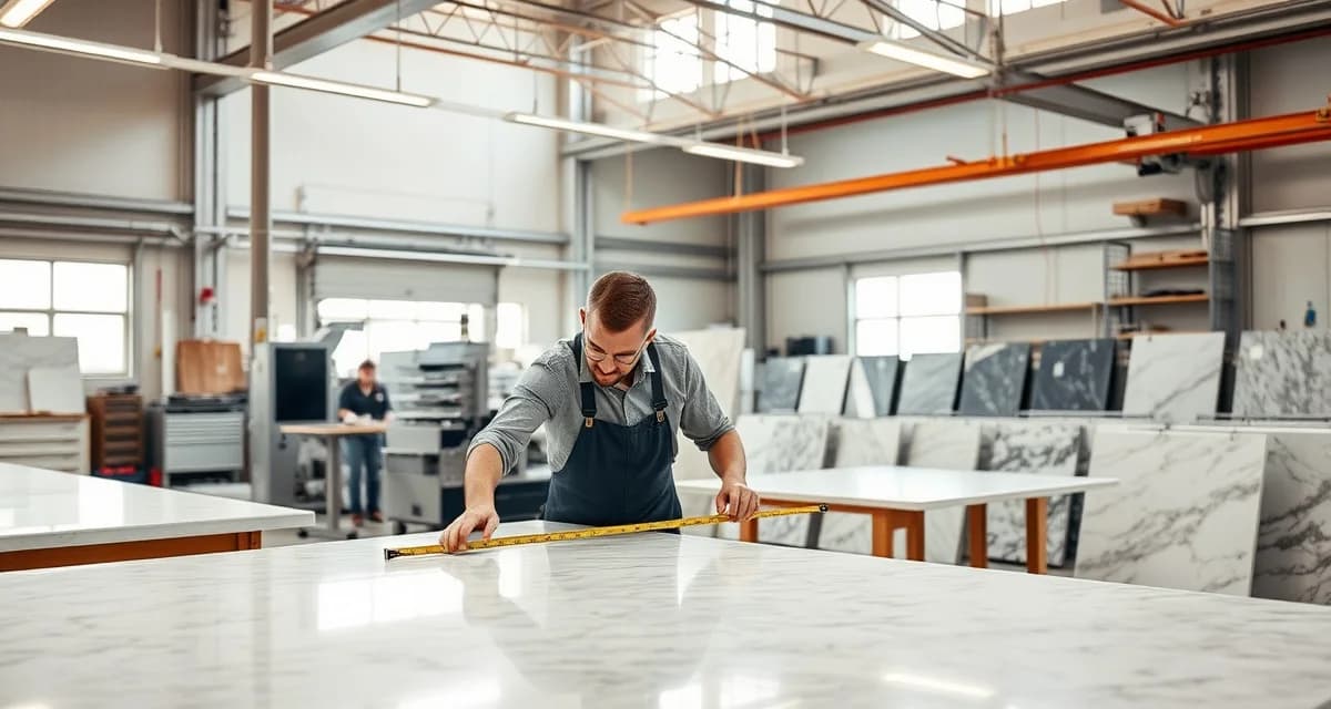Professional countertop fabrication workspace Modern countertop fabrication shop in San Jose with precision measurement tools and premium stone slabs for residential projects