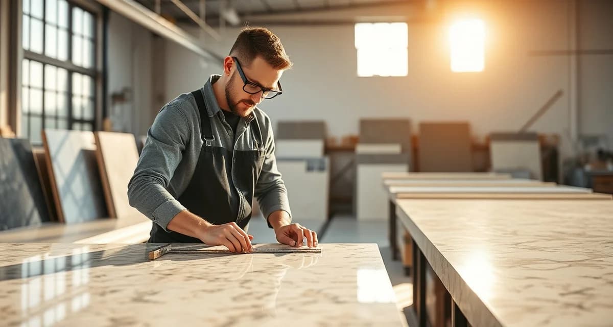 Countertop fabricator inspecting polished quartz and granite slabs in professional stone shop workspace