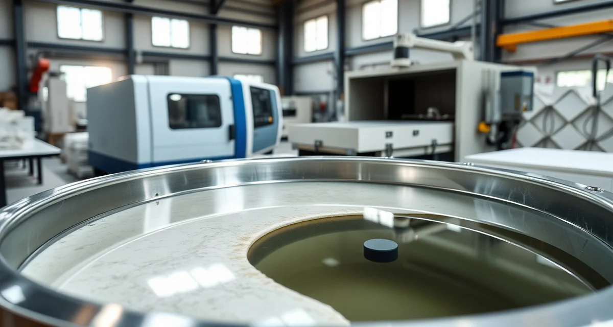 Industrial settling tank system separating stone dust and slurry in a countertop fabrication shop with wet-cutting equipment