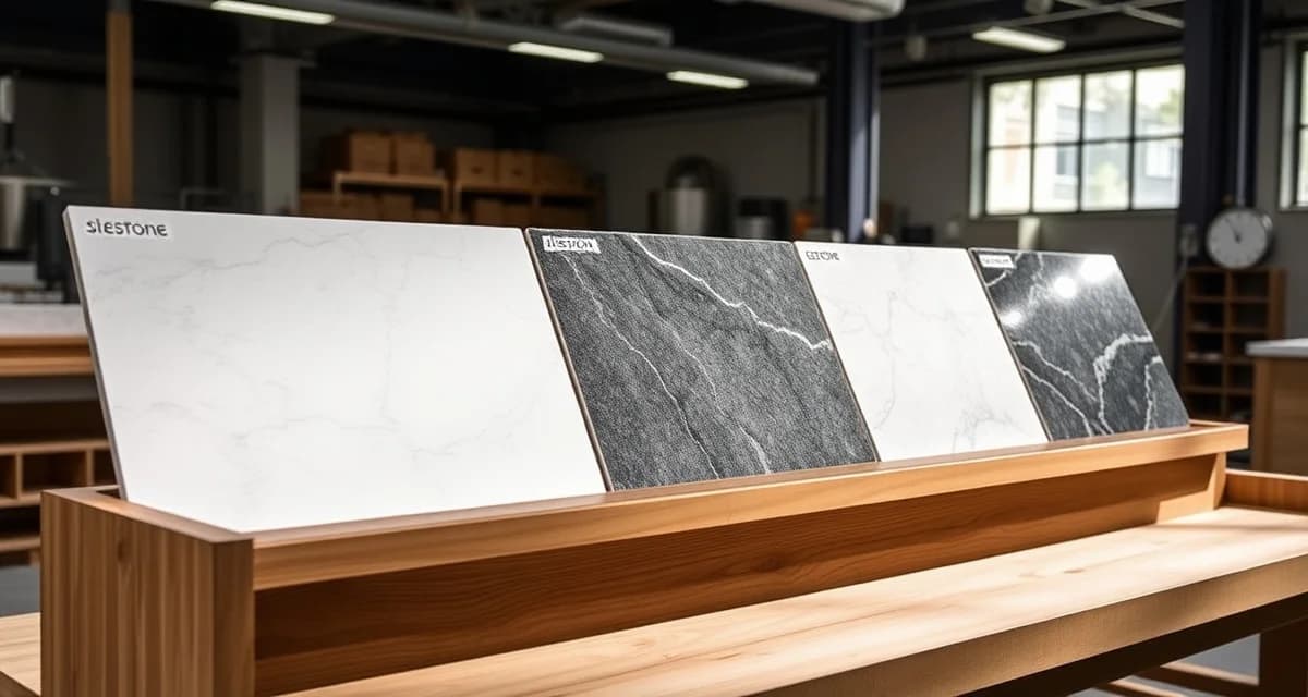 Silestone quartz countertop samples showcasing multiple color options and premium finishes for stone fabrication projects.