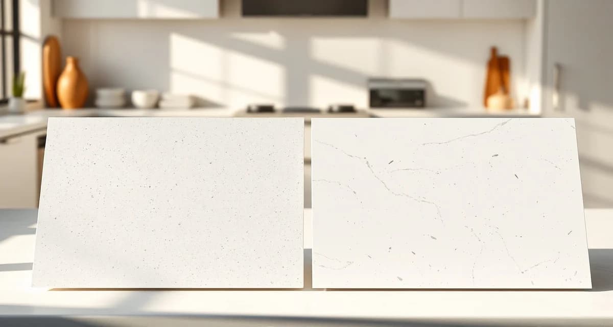 Side-by-side comparison of Silestone and Caesarstone quartz countertop samples showing texture and color differences