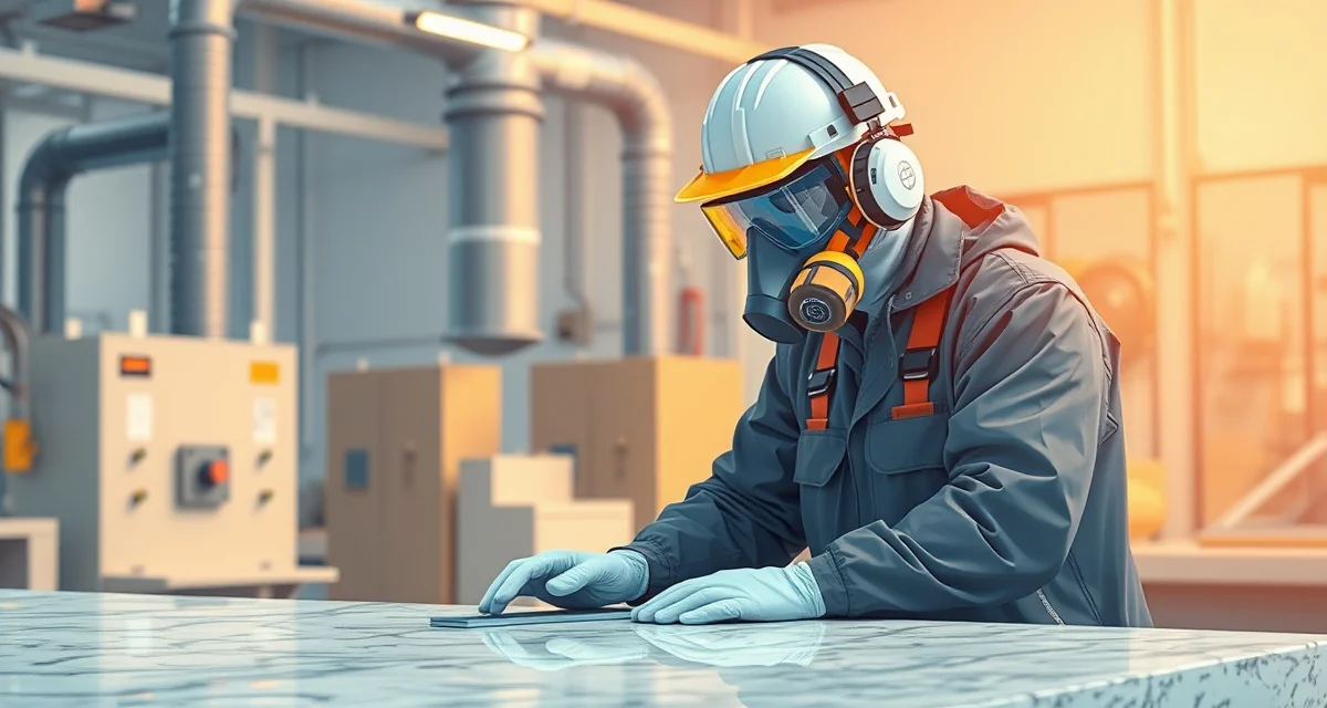 Stone countertop fabricator wearing respiratory protection and safety equipment during granite cutting with dust collection systems for silicosis prevention.