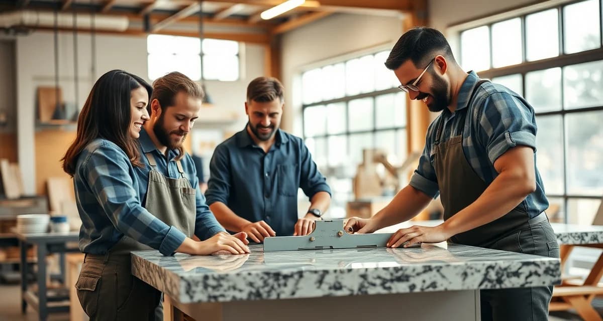 Team of skilled countertop fabricators collaborating at a stone cutting station in a modern fabrication shop with professional equipment.