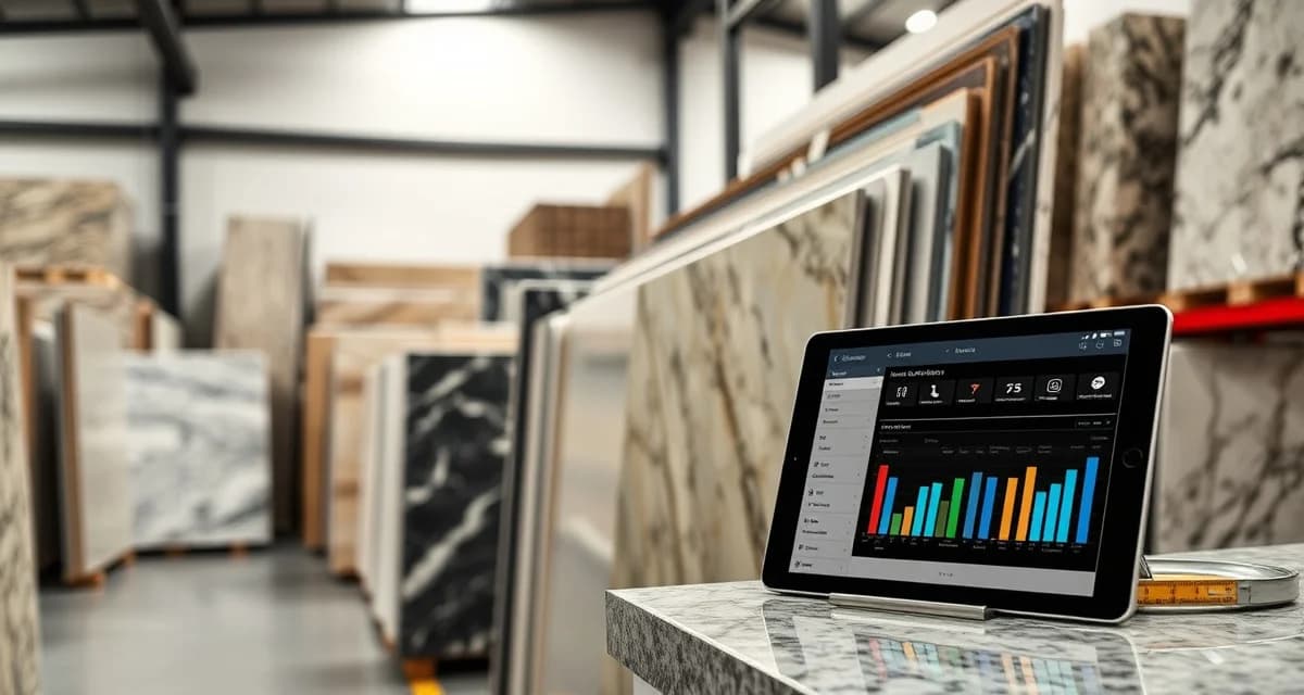 Organized stone slab inventory in fabrication shop with digital tracking system and color-coded materials management